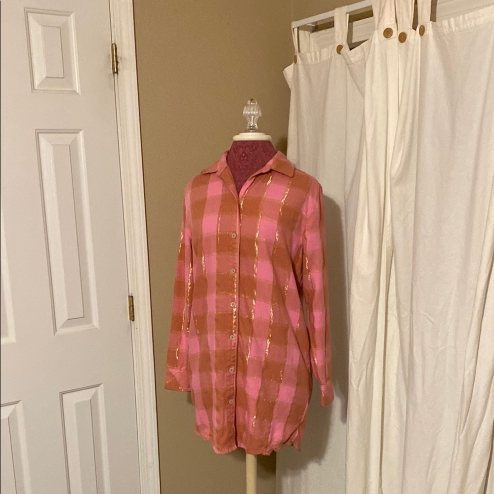 Victoria Secret  Small Petite Stylish Pink and Brown Plaid Button-Up Night Shirt